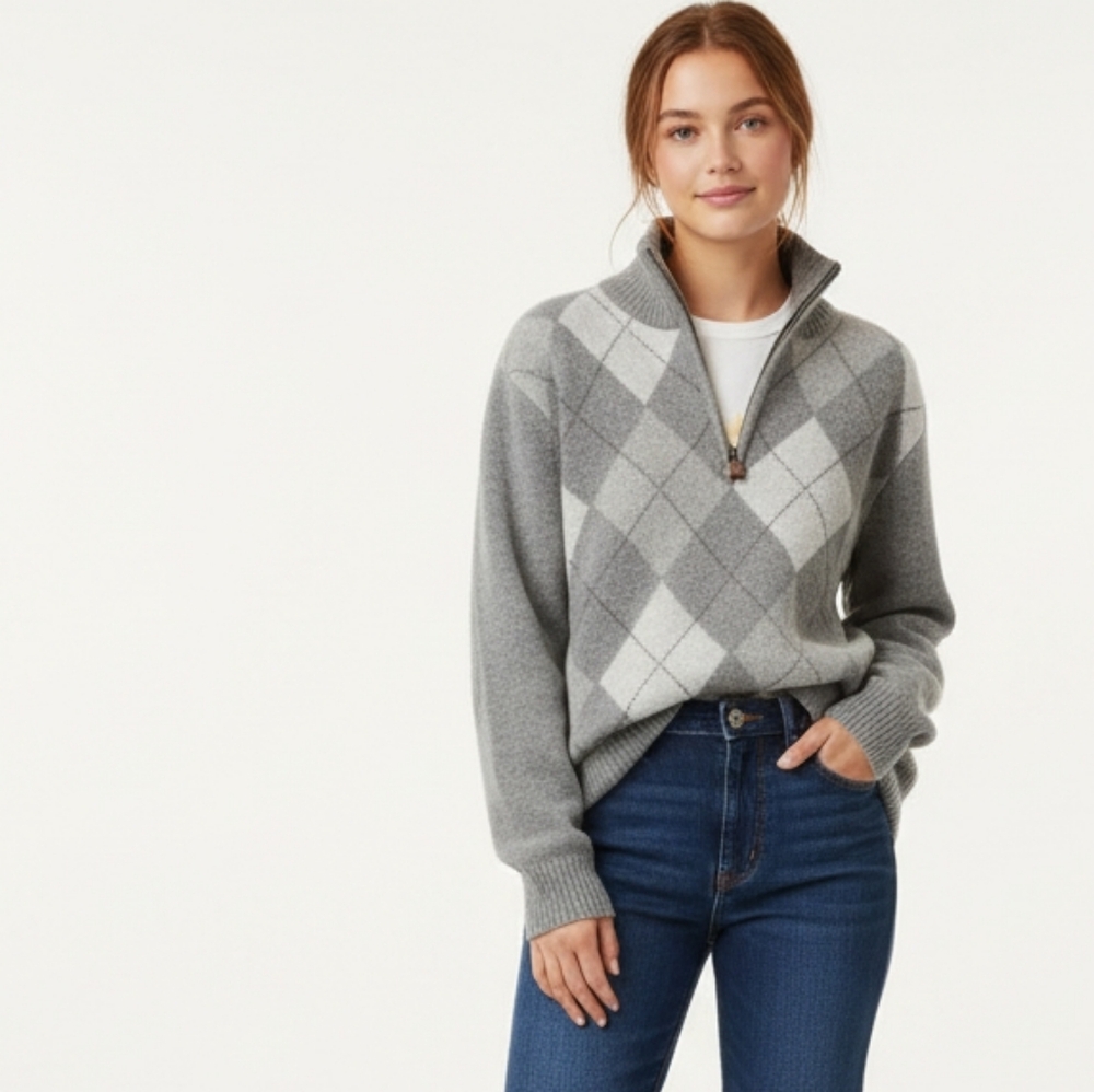 J. Crew Grey Argyle Wool Sweater